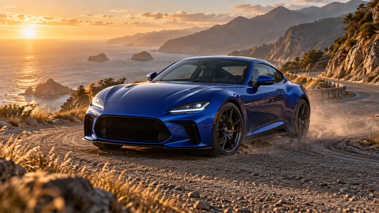 A blue sports coupe on a coastal road, illustrating a possible starting frame